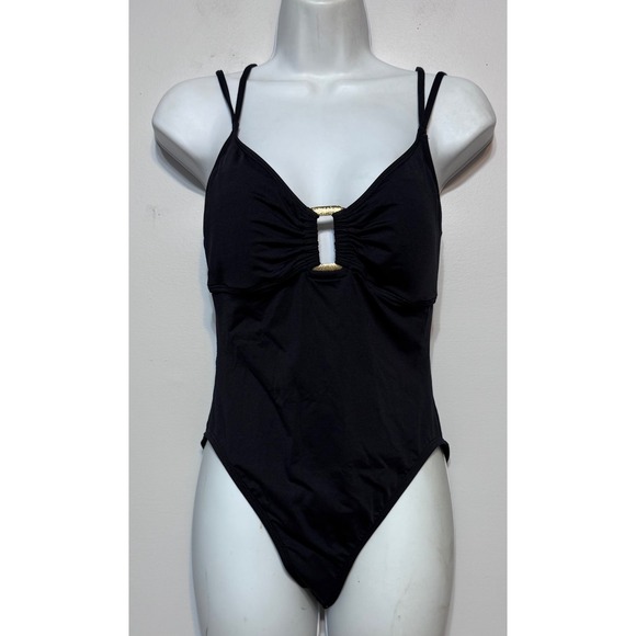 Anne Cole Black One-Piece‎ Swimsuit Gold Accent Keyhole Front Size 12 Classic - Picture 1 of 5